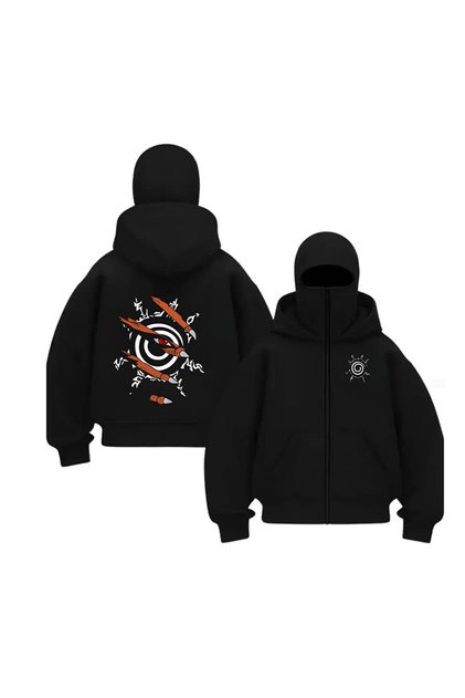 Anime Naruto Series Printed Unisex Hooded Zippered Oversized Black Sweatshirt with Balaclava Mask