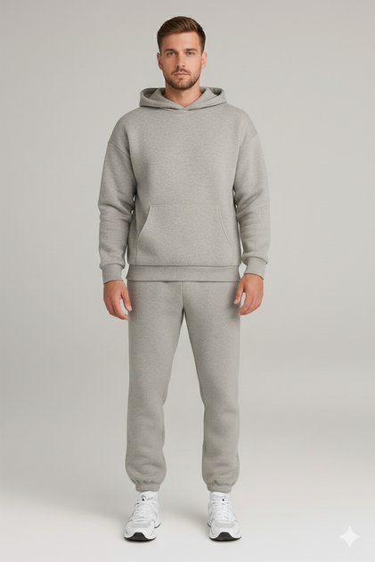 Men's Oversized Gray Hooded Tracksuit Set with Fleece Inside