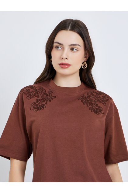 Women Floral Tonal Embroidery 100% Cotton T-Shirt