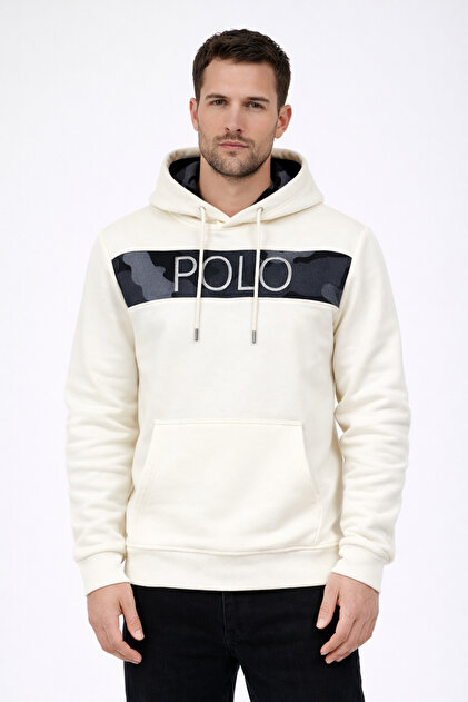 Men's Regular Fit 3 Thread Cotton Fleece Lined Embroidered Ka Hooded Anguru Pocket Sweatshirt – Ecru