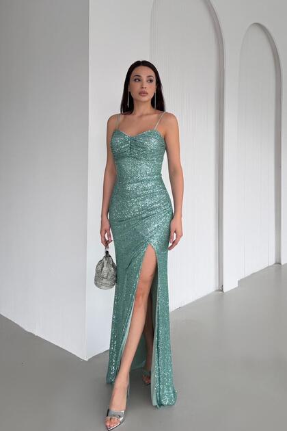 Mint Thin Strap Y Slit Sequin Evening Dress