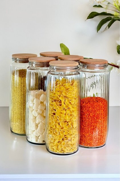 Lignora 6-Piece Glass Jar Set with Wooden Lid, Vacuum Lid Legume Set 1500 ml