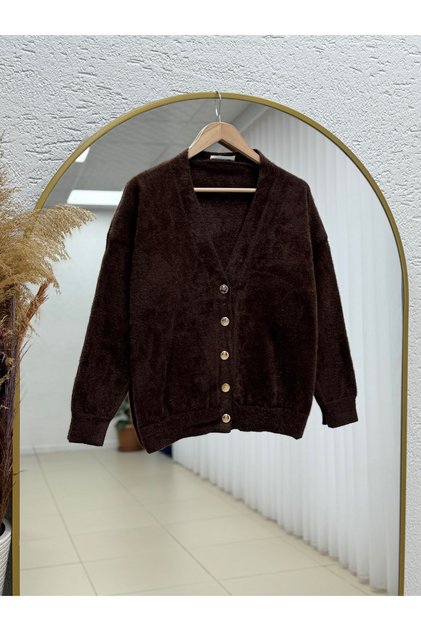 Feronia Gold Düğmeli Tüylü Peluş Hırka-Zİ5250 Kahve