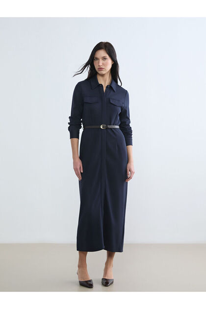 LC Waikiki Navy Blue Belted Women's Shirt Dress- Trendyol