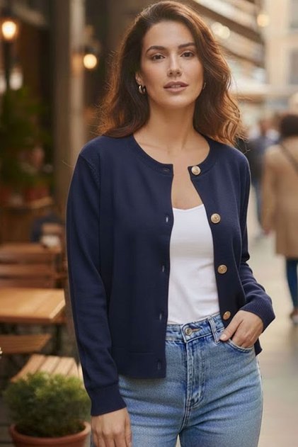 Navy Blue Soft Textured Buttoned Jacket-Looking Knitwear Cardigan