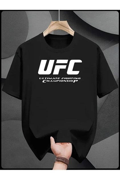 Unisex Oversize Printed Cotton Crew Neck Short Sleeve Black T-Shirt Ufc