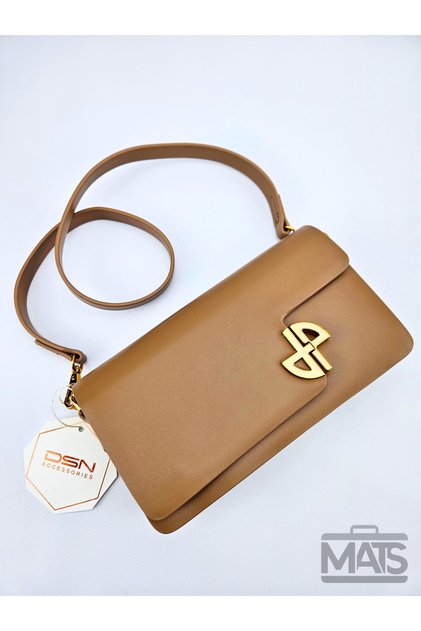 Tan Double Strap Hand and Shoulder Bag with Gold Color Buckle
