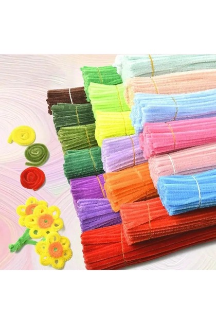 500 Adet Renkli Şönil , Çiçek Yapım Seti, Tüylü Tel, 30 Cm, Peluş Tel