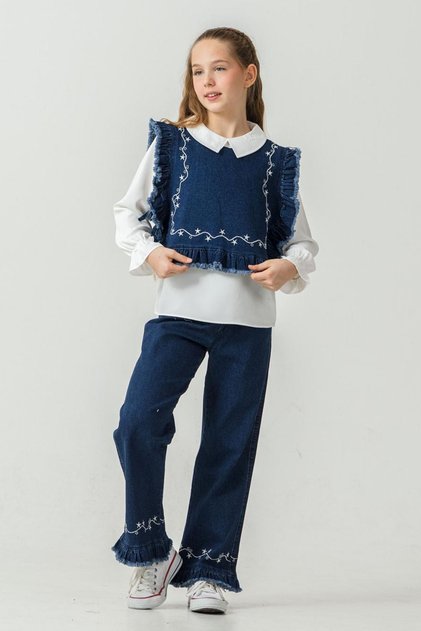 My Little Girl's Ruffle Detailed Denim 3-Piece Set - Dark Blue