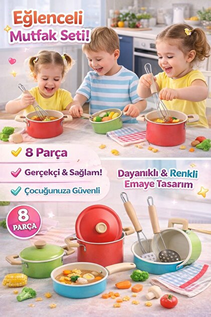 LunaDefano 8 Parça Emaye Tencere Seti | Eğitici Mutfak Oyuncağı