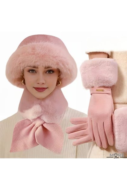 Women's Touchscreen Gloves Scarf Hat Pink Set