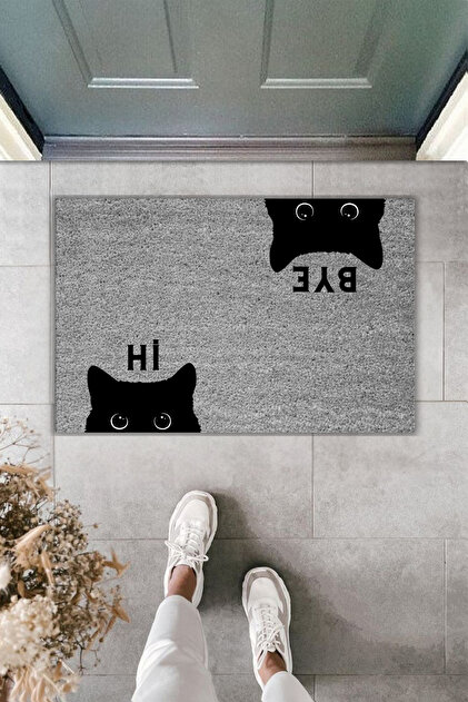 Modern Dijital Baskı Paspas - Hi, Bye Kedi - Kapı Önü Paspası 70x45cm