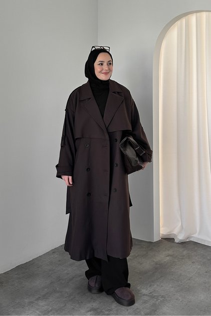Oversized Trench Coat with Long Shoulder Pads Dark Brown