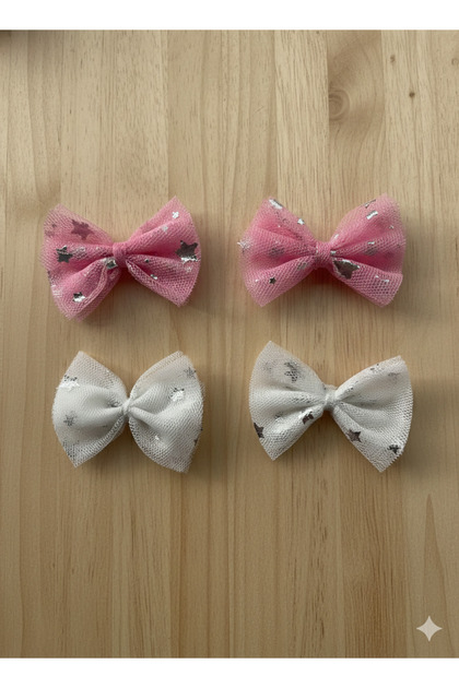 Pink White Tulle Bowknot Hair Clip Star Printed Clip Girls Hair Clip - 2 Sets 4 Pieces