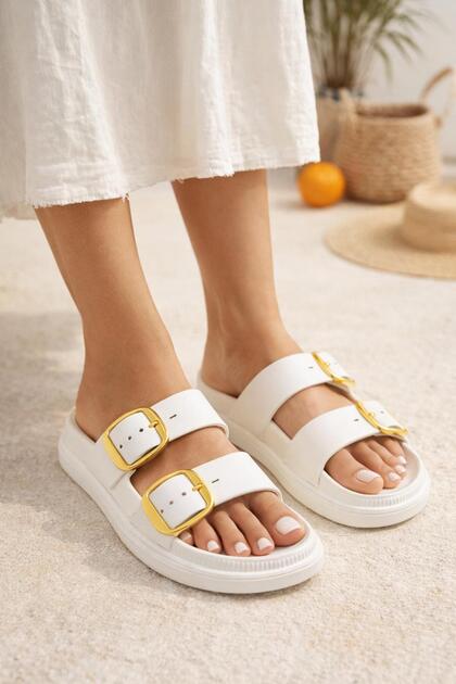 Women's Double Buckle Summer Beach and Garden Slippers - Thick Soled, Comfortable and Stylish Casual Slippers