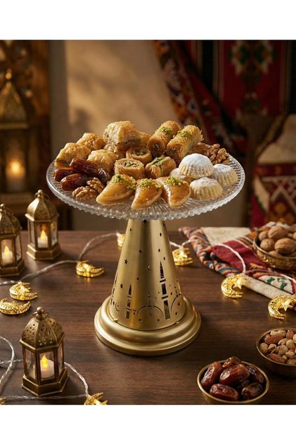 طبق تقديم حجم صغير مصنوع من الزجاج عالي الجودة, مع فانوس لون ذهبي, بتصميم رمضاني انيق