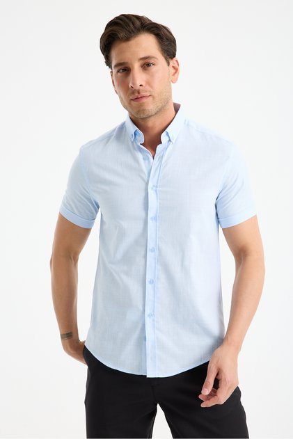 Short Sleeve Flam Linen 100% Cotton Slim Fit Men's Shirt
