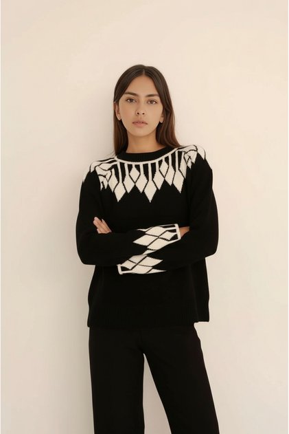 Women's Crew Neck Patterned Long Sleeve Sporty Stylish Knitwear Sweater Suitable for Hijab