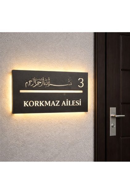 SİYAH İrenk 3 kademe LED'li BESMELE Kapı İsimliği –4 MM MDF Kişiye Özel