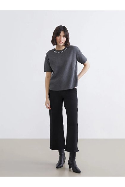 Lcw Vision Anthracite Crew Neck Rhinestone Women's Knitwear Sweater