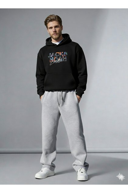 Men's Jack&Noah Printed Baggy Tracksuit Set | Winter Thick 3-Thread Rastered Wide-Legged Top and Bottom Set