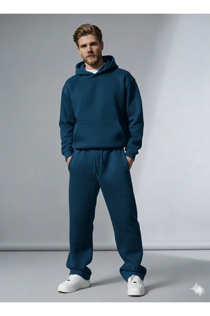 Men's Baggy Tracksuit Set | Winter Thick 3-Thread Rastered Wide-Legged Top and Bottom Set