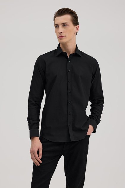 Black Comfort Fit Classic Collar Cotton Blend Shirt