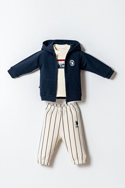 Baby Boy Zippered Collar Embroidered Summer Regular Fit Navy Blue 3-Piece Baby Set Usb2872-C-V1