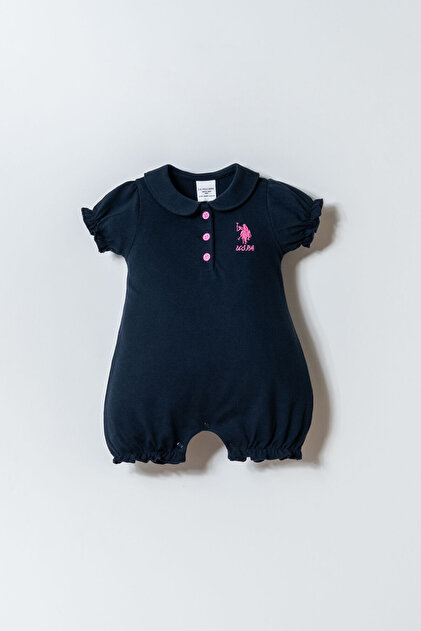 Baby Girl Polo Collar Embroidered Summer Regular Fit Navy Blue Jumpsuit Usb3026-C-V3