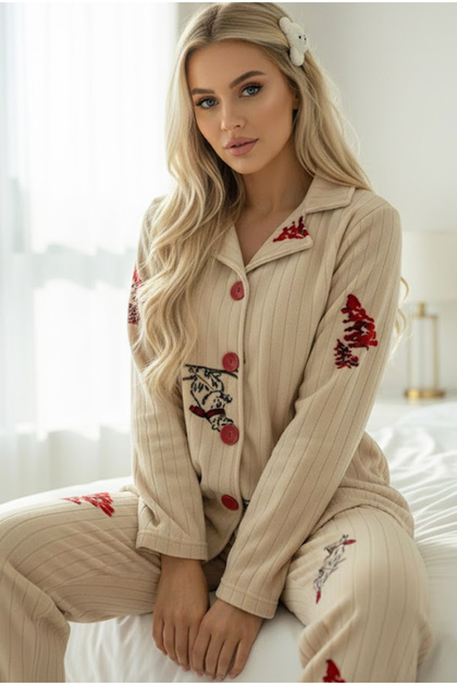 Cream-Colored Patterned Buttoned Fleece Winter Knitted Pajama Set