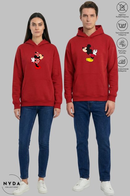 Lover Couple Combination Minnie Mickey Printed Hoodie Hooded Fleece-Lined Oversized Sweatshirt 2-Piece Set