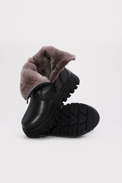 Black Unisex Fur Genuine Leather Lace-Up Zippered Rubber Sole Boots Tg0977011241614
