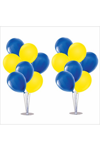 2 Pieces of Balloon Stands with Legs, Set of 7, 14 Pieces of Fans, Yellow-Navy Blue Balloons