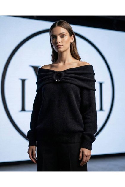 Draped Soft Textured Knitwear Sweater with Madonna Collar Ring Accessory