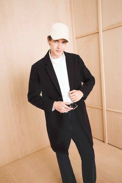 Jacket with Collar, Buttons and Pockets, Winter Cashmere Black Men's Coat Y8903Az/Bk27