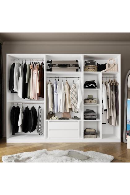 KE3040 GOSS 3’lü Geniş Açık Gardırop,Boy Askılı ve Çekmeceli Modüler Elbise Dolabı