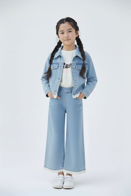 Blue Lace Detailed Jean Jacket and Pants Girl's 3-Piece Set 23499