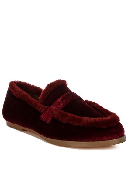 Women Fur Detail Velvet Loafers in Burgundy