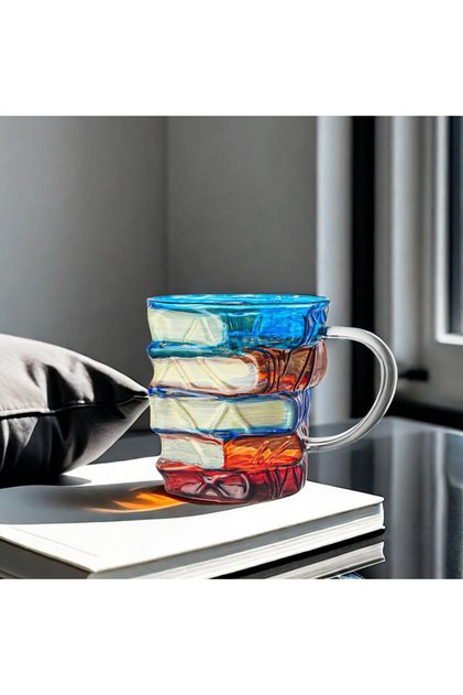 A Novelty Painted Book Mug Glass Cup Creative 3D Colored Glass Book Coffee Mug for Readers Writers .