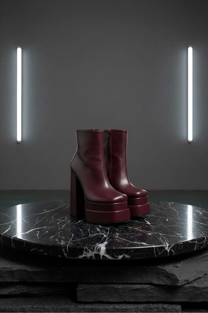 Vegaaa Burgundy Leather Square Toe Double Platform Thick Heeled Women's Boots
