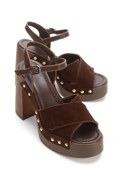 Women's Genuine Leather High Heel Sandals 6341 Brown Suede