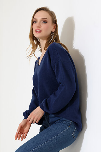 ニット+セーター ponpon PPP cutting V knit navy Men's V Neck Basic Knitwear Sweater - Navy Blue – SEMENTA
