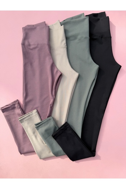 Women's High Waist Shaping / Sculpting Corded Fabric Long Sports Leggings Set of 4 Stone Grey, Plum, Green, Black