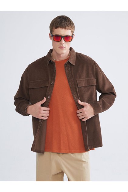 Brown Comfortable Fit Long Sleeve Velvet Men's Shirt Jacket