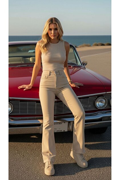 Women's Beige Stretch Fabric Stretchy Stretch Fabric High Waist Spanish Jeans Trousers