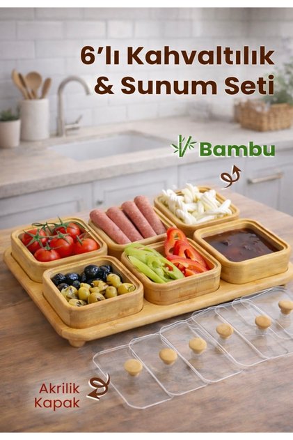 6 Bölmeli Bambu Tepsili Kahvaltılık Seti Akrilik Kapaklı Sunumluk Kahvaltı Takımı