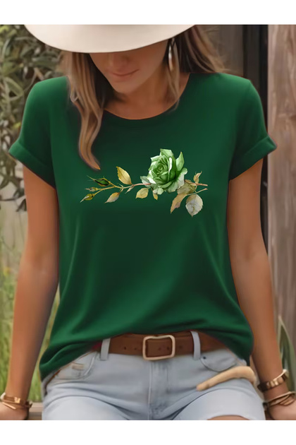 Single Rose Thorny Branch Design Printed Women's Cotton T-Shirt