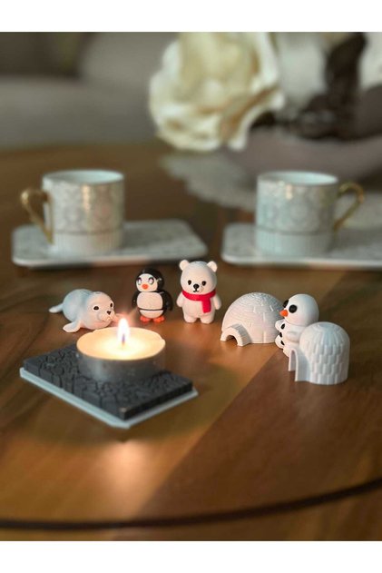 Dekoratif Mumlu Set Fok Balığı Kardan Adam Kutup Ayısı Penguen 2’li İglo Masa Süsü