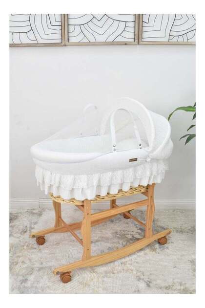 Moses Basket White Color with Wooden Stand on Wheels