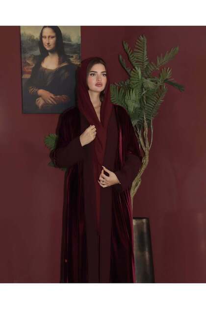 MWT814 - Burgundy velvet abaya with front insert